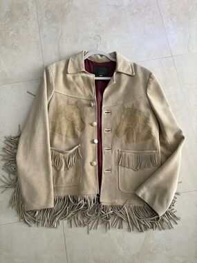 Women’s Vintage Beige Suede Fringe Jacket with Horse Embroidery